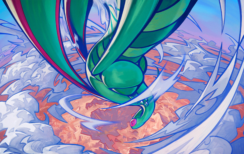 animal_focus cloud contest_winner diving flygon flying gen_3_pokemon nintendo no_humans official_art pokemon pokemon_(creature) pokemon_focus pokemon_tcg royce_li second-party_source sky solo wind