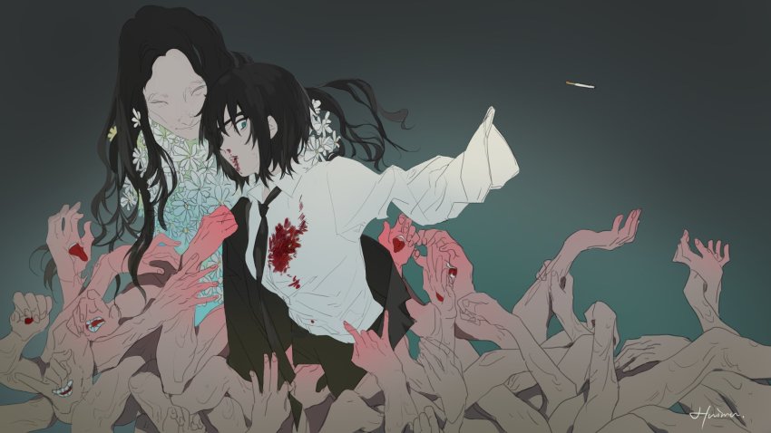1girl 1other amputee black_hair blood blood_on_clothes blood_on_face chainsaw_man cigarette eyepatch ghost_devil_(chainsaw_man) green_eyes highres himeno_(chainsaw_man) huimuuu medium_hair missing_limb nosebleed one_eye_covered pale_skin spoilers sweat