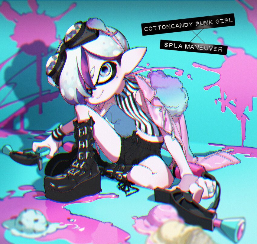 1girl androgynous bare_shoulders black_boots black_shirt black_shorts blue_background boots bracelet chromatic_aberration closed_mouth commentary_request crop_top dropped_food english_text flat_chest food full_body goggles goggles_on_head grey_eyes grey_hair hair_over_one_eye highres holding holding_weapon ice_cream inkling inkling_girl inkling_player_character jacket jacket_on_shoulders jewelry midriff mole mole_under_eye multicolored_hair navel nintendo paint_splatter parted_bangs pink_jacket pointy_ears purple_hair shirt short_hair short_shorts shorts sitting sleeveless sleeveless_turtleneck smile solo splat_dualies_(splatoon) splatoon_(series) striped_clothes striped_shirt tentacle_hair turtleneck turtleneck_shirt two-tone_hair two-tone_shirt vertical-striped_clothes vertical-striped_shirt weapon weapon_name white_shirt yoneyama_mai
