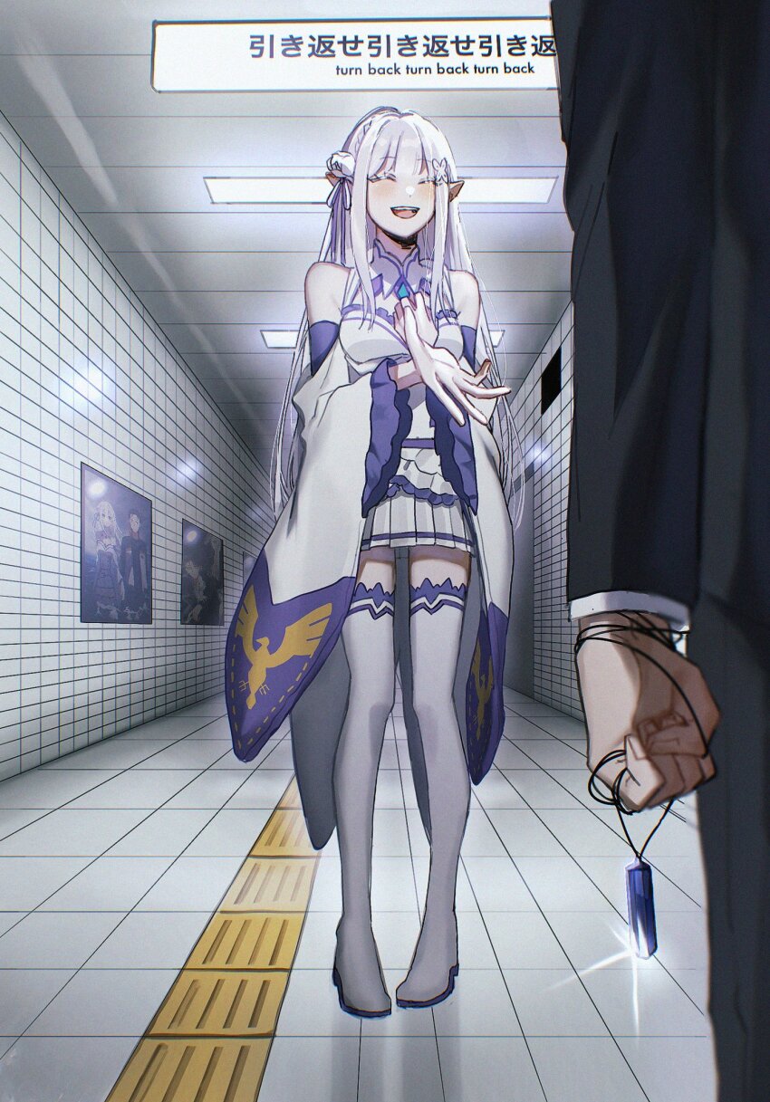 1boy 1girl ^_^ vent_(object) bare_shoulders black_suit blunt_bangs boots ceiling_light clenched_hand closed_eyes crossover detached_sleeves emilia_(re:zero) flower formal_clothes frills hair_ornament hallway hand_on_own_chest highres holding holding_jewelry holding_necklace jewelry jouge2983 long_hair miniskirt natsuki_subaru necklace open_mouth parody pleated_skirt pointy_ears poster_(object) re:zero_kara_hajimeru_isekai_seikatsu re:zero_kara_kasaneru_isekai_seikatsu rose skirt smile suit the_exit_8 thigh_boots tile_floor tile_wall tiles white_flower white_hair white_rose