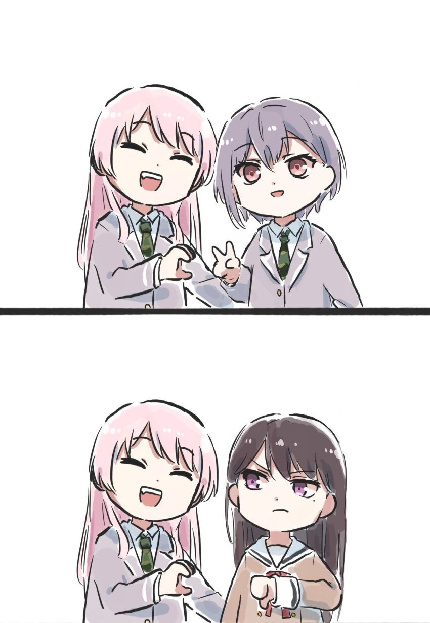 2girls bang_dream! bang_dream!_it&#039;s_mygo!!!!! black_hair chihaya_anon closed_eyes grey_eyes grey_hair heart_hands_failure highres long_hair lyy mole mole_under_eye multiple_girls mygo!!!!!_(bang_dream!) pink_hair purple_eyes school_uniform short_hair simple_background tachibana_taki takamatsu_tomori thumbs_down v white_background