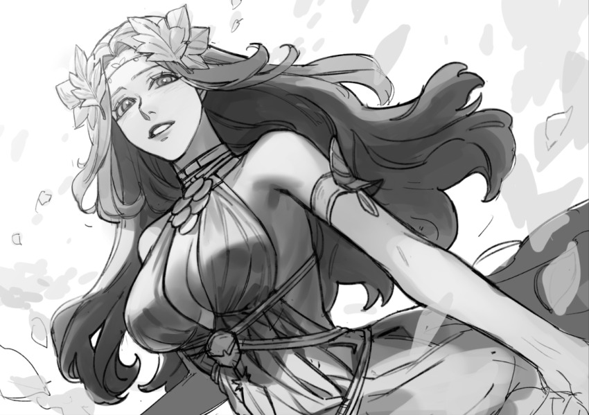 1girl bare_arms breasts cleavage commentary_request dog_9uk dress dutch_angle falling_leaves final_fantasy final_fantasy_xiv greyscale hair_ornament korean_commentary large_breasts leaf leaf_hair_ornament long_hair monochrome nophica parted_lips sleeveless sleeveless_dress smile solo