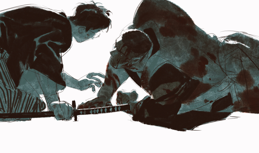 2boys akagi_takenori bleeding blood blood_on_arm blood_on_clothes blood_on_face blood_on_hands chengongzi123 facing_another glasses hakama hakama_pants highres hip_vent holding holding_sword holding_weapon injury japanese_clothes katana kneeling kogure_kiminobu long_sleeves looking_at_another lying male_focus monochrome multiple_boys on_side pants round_eyewear samurai sheath sheathed short_hair simple_background slam_dunk_(series) sword undercut upper_body very_short_hair weapon white_background wide_sleeves