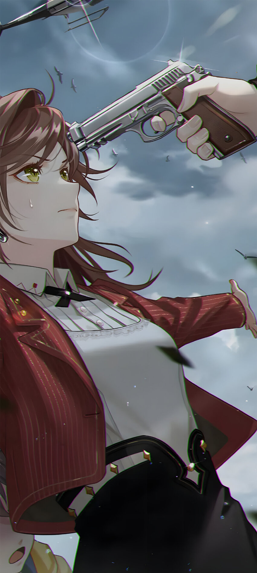 1girl 2boys absurdres aiming aircraft beretta_92 black_skirt brown_hair child closed_mouth cloud cloudy_sky collared_shirt green_eyes grey_sky gun handgun helicopter highres holding holding_gun holding_weapon jacket jerome_adams leaf long_hair long_sleeves multiple_boys official_art open_mouth outdoors outstretched_arms red_jacket rosa_(tears_of_themis) shirt skirt sky sweat tears_of_themis third-party_source weapon white_shirt yellow_jacket