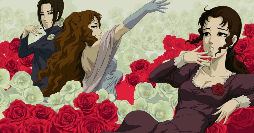 3girls backless_dress backless_outfit bara_to_tsubaki black_hair blue_gloves breasts brown_eyes brown_hair cleavage commentary_request dress earrings elbow_gloves flower frown gloves highres jewelry medium_breasts multiple_girls naramura off-shoulder_dress off_shoulder official_art red_flower red_rose rose stud_earrings tsubakikoji_reiko tsubakikoji_saori tsubakikoji_shizuka wavy_hair white_flower white_rose