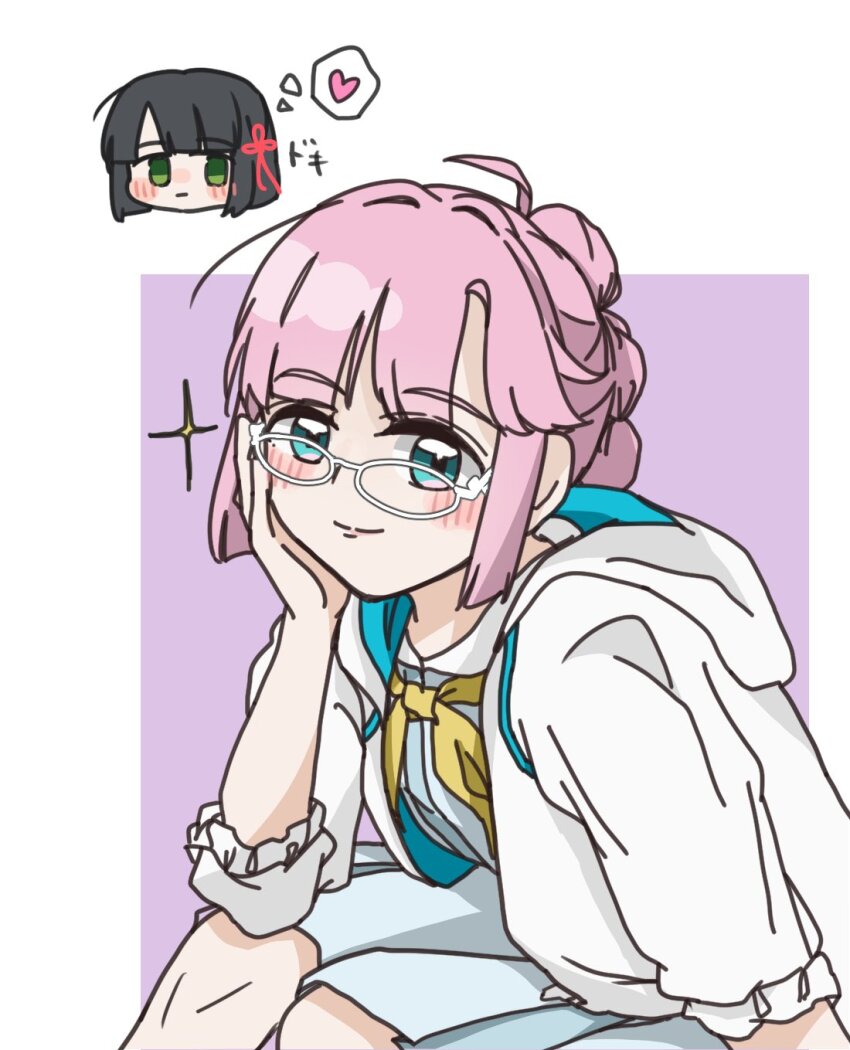 2girls anyoji_hime bespectacled black_hair blue_dress blue_eyes blunt_bangs blunt_ends blunt_sidelocks blush bob_cut border chibi chibi_inset closed_mouth commentary_request dress flower_knot glasses green_eyes hair_intakes hasu_no_sora_school_uniform heart highres hood hooded_jacket jacket link!_like!_love_live! long_hair looking_at_viewer love_live! medium_dress mihasu_ll momose_ginko multi-tied_hair multiple_girls open_clothes open_jacket outside_border pink_hair pleated_dress ponytail purple_background sailor_collar sailor_dress school_uniform short_hair sidelocks simple_background smile solo_focus speech_bubble split_mouth spoken_heart summer_uniform thought_bubble three-quarter_sleeves virtual_youtuber white-framed_eyewear white_border white_jacket white_sailor_collar