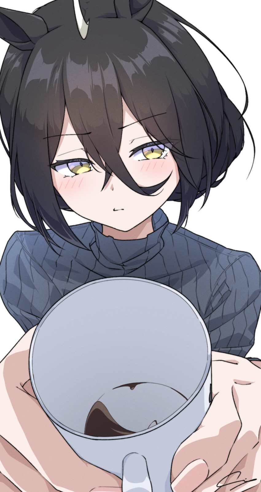 1girl ahoge alternate_hair_length alternate_hairstyle black_hair blush ci4 coffee crossed_bangs cup green_eyes green_sweater hair_between_eyes highres holding holding_cup incoming_drink long_bangs long_hair_between_eyes manhattan_cafe_(umamusume) mug multicolored_hair pout pov ribbed_sweater short_hair simple_background solo sweater turtleneck turtleneck_sweater umamusume white_background white_hair