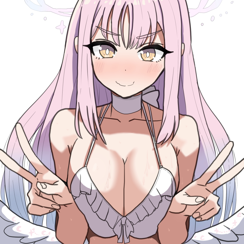 1girl angel_wings bare_shoulders bikini blue_archive blush breasts breasts_squeezed_together choker cleavage double_v embarrassed gradient_hair halo large_breasts long_hair mika_(blue_archive) mika_(swimsuit)_(blue_archive) multicolored_hair neugneugsusu pink_hair pink_halo sidelocks soll swimsuit v wavy_mouth white_bikini white_choker wings yellow_eyes