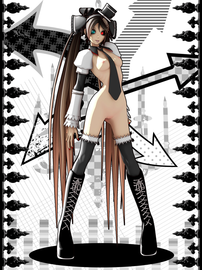 1girl 3d :p android aqua_eyes arrow_(symbol) between_breasts black_thighhighs boots bottomless bow breasts calne_ca_(deino) checkered_background crustacean deino_(deino3330) detached_collar detached_sleeves earrings eyeshadow female_focus frilled_sleeves frills glowing glowing_eye goth_fashion gothic_lolita hair_bow hair_ribbon hat heterochromia highres isopod jewelry knee_boots lace lace-up_boots lolita_fashion long_hair makeup mini_hat mini_top_hat multicolored_hair nail_polish naked_necktie nato-kun necktie necktie_between_breasts original puffy_sleeves pussy revealing_clothes ribbon ribs solo thighhighs tongue tongue_out top_hat two-tone_hair uncensored very_long_hair vocaloid