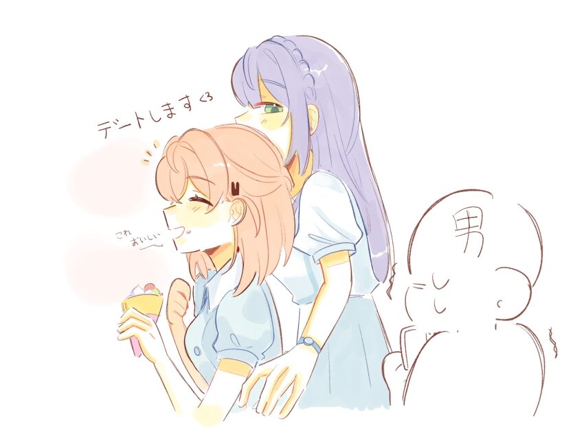 1boy 2girls baboomasu blue_shirt braid breasts cerise_bouquet commentary crepe crown_braid eating english_commentary faceless faceless_male food food_on_face green_eyes half-closed_eyes highres hinoshita_kaho hinoshita_kaho_(summer_casual) holding holding_crepe holding_food link!_like!_love_live! long_hair looking_at_another love_live! medium_breasts multiple_girls open_mouth otomune_kozue profile puffy_short_sleeves puffy_sleeves purple_hair shirt short_sleeves sidelocks smile speech_bubble sweat translation_request trembling virtual_youtuber watch white_shirt wristwatch yuri