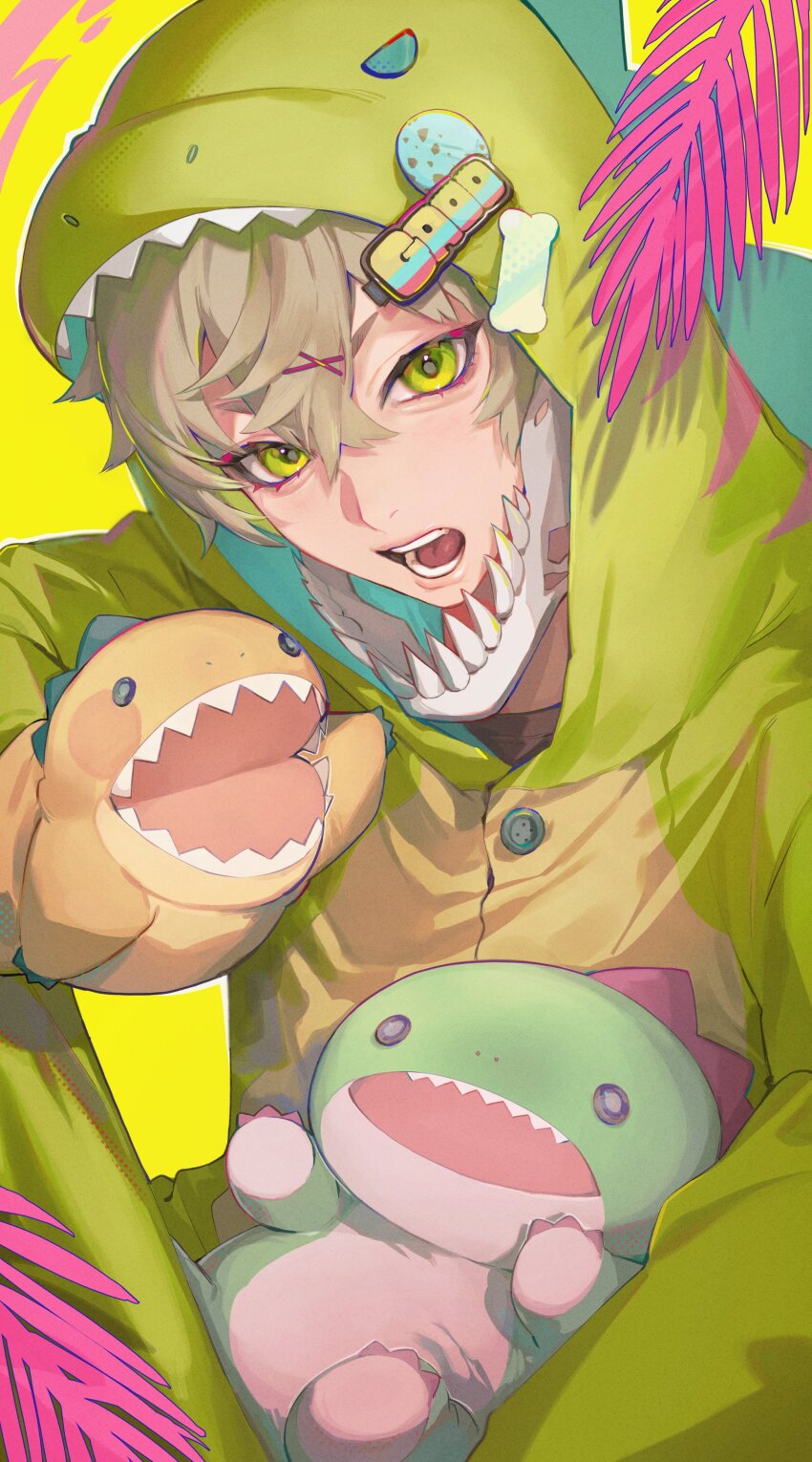 1boy absurdres brown_hair colored_eyelashes dinosaur_costume green_eyes hair_between_eyes hair_ornament hairclip head_tilt highres kiriumior_0909 looking_at_viewer onesie open_mouth original short_hair solo stuffed_dinosaur stuffed_toy