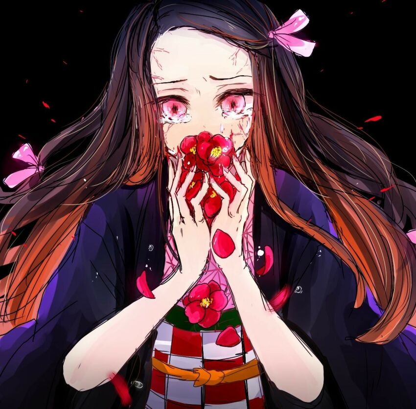 1girl black_background black_hair brown_hair checkered_haori checkered_sash flower forehead gradient_hair hair_ribbon haori japanese_clothes kamado_nezuko kimetsu_no_yaiba kimono kishimen_hair long_hair looking_at_viewer multicolored_hair pink_eyes pink_kimono pink_ribbon red_flower ribbon sash scar scar_on_face scar_on_forehead simple_background solo very_long_hair