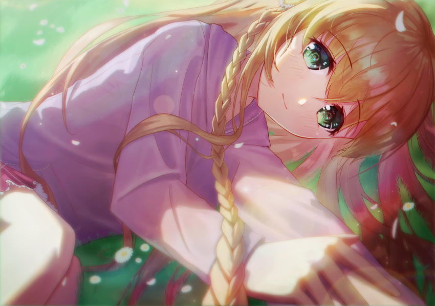 1girl backlighting blush braid brown_hair closed_mouth commentary day eyelashes eyes_visible_through_hair flower flowingcrescent foreshortening grass green_eyes hair_between_eyes hair_flower hair_ornament hair_spread_out happy highres hood hood_down hoodie kanbe_kotori knees_up lens_flare long_hair long_sleeves looking_at_viewer lying official_alternate_costume on_grass on_side outdoors pink_hoodie rewrite single_braid smile solo upper_body very_long_hair white_flower