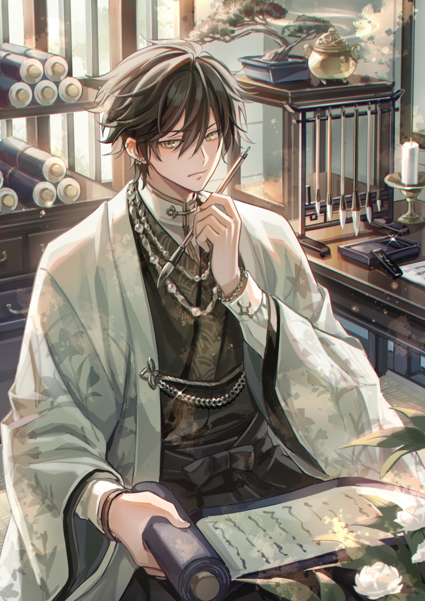 1boy absurdres architecture beads bishounen black_hair black_hakama black_kimono bonsai book book_stack bracelet brown_hair brush_holder calligraphy_brush candle candlestand censer chain chain_bracelet chinese_clothes chromatic_aberration closed_mouth coat commentary_request daxiushan drawer ear_piercing earrings east_asian_architecture floral_print flower gleam hair_between_eyes hakama hanfu haori highres holding holding_calligraphy_brush holding_paintbrush holding_scroll incense incense_burner indoors ink japanese_clothes jasmine_(flower) jewelry jiaoling_ruqun kimono long_sleeves looking_at_viewer male_focus necklace open_clothes open_coat original paintbrush paintbrush_rack paper pearl_necklace pen piercing pine_tree prayer_beads scroll shirt short_hair sitting solo suzaku_(zaku6584) sweater_guard table tangzhuang tree vase white_coat white_flower white_shirt wide_sleeves yellow_eyes