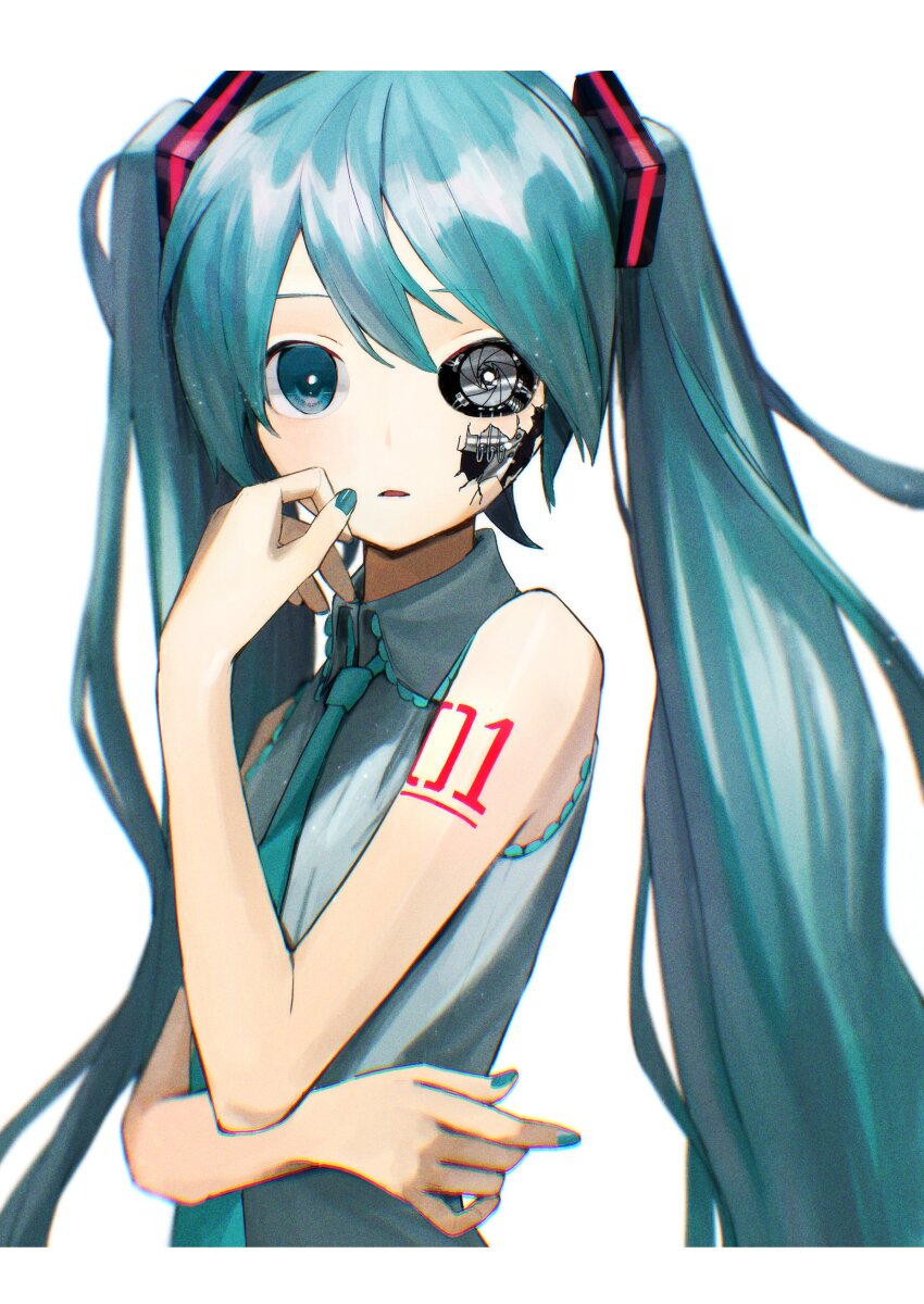 1girl absurdres aqua_eyes aqua_hair aqua_nails aqua_necktie arm_tattoo artificial_eye bare_arms bare_shoulders collared_shirt frilled_shirt frills grey_shirt hair_between_eyes hair_ornament hairclip hatsune_miku highres long_hair looking_at_viewer mechabare mechanical_eye miyononon necktie number_tattoo parted_lips robot shirt shoulder_tattoo sidelocks simple_background sleeveless sleeveless_shirt solo tattoo twintails very_long_hair vocaloid white_background