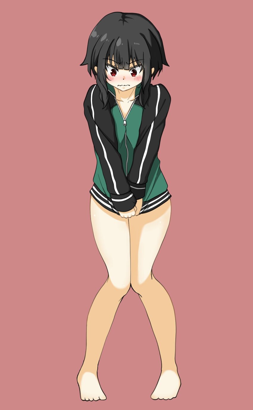 1girl barefoot borrowed_clothes brown_hair clothes_tug highres jacket jacket_tug kono_subarashii_sekai_ni_shukufuku_wo! long_sleeves megumin naked_jacket red_eyes sarasara_shoyu short_hair simple_background solo