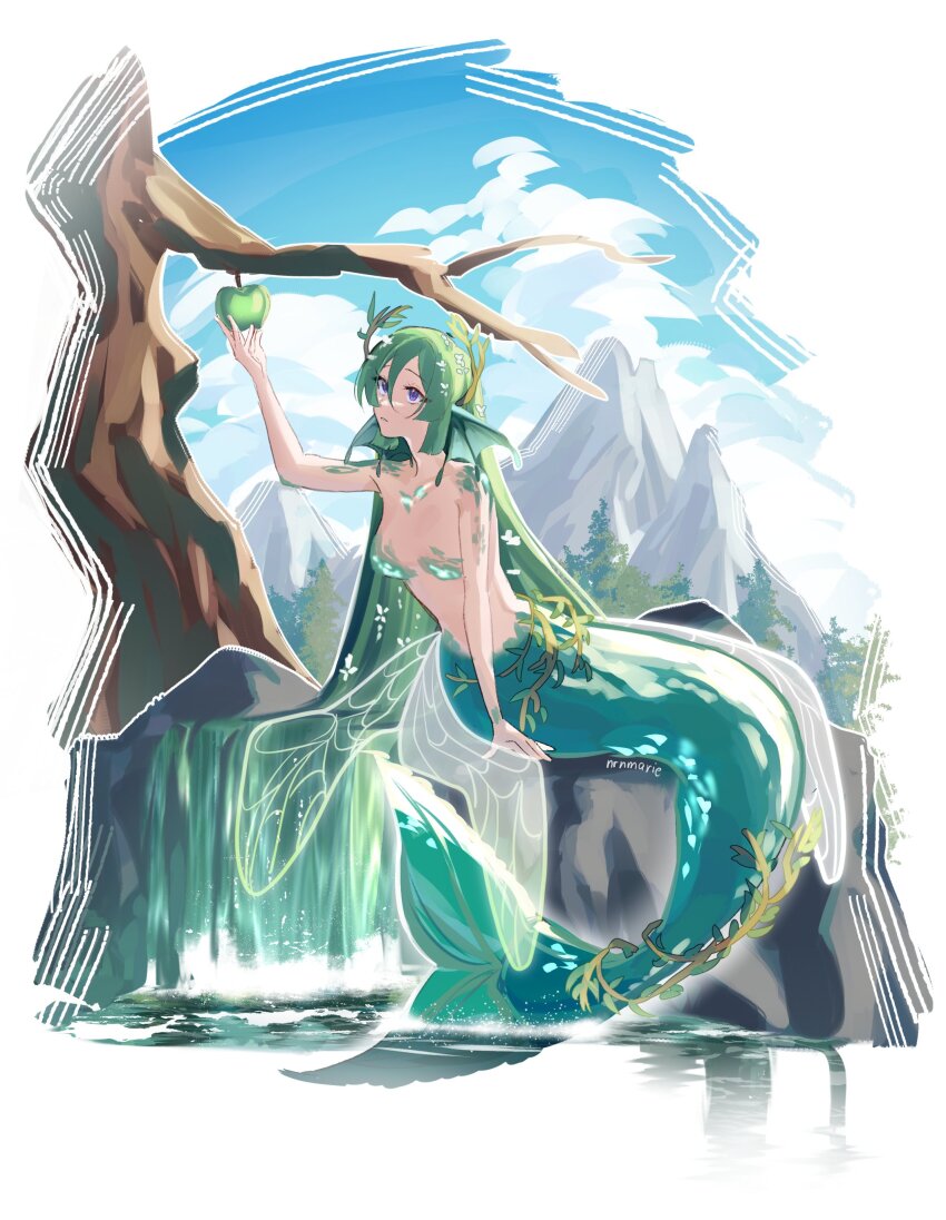 1girl absurdly_long_hair absurdres alternate_costume antlers apple aqua_tail bare_tree blue_sky blunt_sidelocks branch breasts cloud cloudy_sky day expressionless finana_ryugu fins flower food fruit full_body green_apple green_eyes green_scales hair_between_eyes hair_flower hair_ornament head_fins highres holding holding_food holding_fruit horns long_hair looking_at_food medium_breasts mermaid monster_girl mountain nijisanji nijisanji_en nrnmarie on_rock open_mouth outdoors purple_eyes scales sidelocks sitting sky solo tree twitter_username very_long_hair virtual_youtuber water white_flower