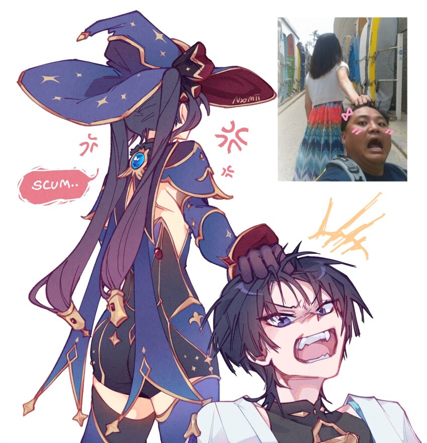 +++ 1boy 1girl anger_vein angry annoyed artist_name black_bodysuit black_bow black_hair black_leotard blue_cape blue_gemstone blue_hat blue_kimono blue_leotard blue_sleeves blue_thighhighs bodysuit bow cape detached_sleeves english_text eyeliner eyeshadow facing_away frown gem genshin_impact gold gold_trim grabbing_another&#039;s_hair hat hat_bow highres holding_another&#039;s_hair japanese_clothes juban kimono leotard long_hair makeup mandarin_collar mona_(genshin_impact) mona_(pact_of_stars_and_moon)_(genshin_impact) nxomii_herx open_clothes open_kimono open_mouth photo_inset ponytail_holder purple_eyes purple_rope red_eyeliner red_eyeshadow red_gemstone red_hat rope scaramouche_(genshin_impact) shoulder_peek sidelocks speech_bubble star_(symbol) star_print teeth thighhighs tsurime twintails two-sided_fabric two-sided_headwear wanderer_(genshin_impact) white_background white_kimono white_sleeves wispy_bangs
