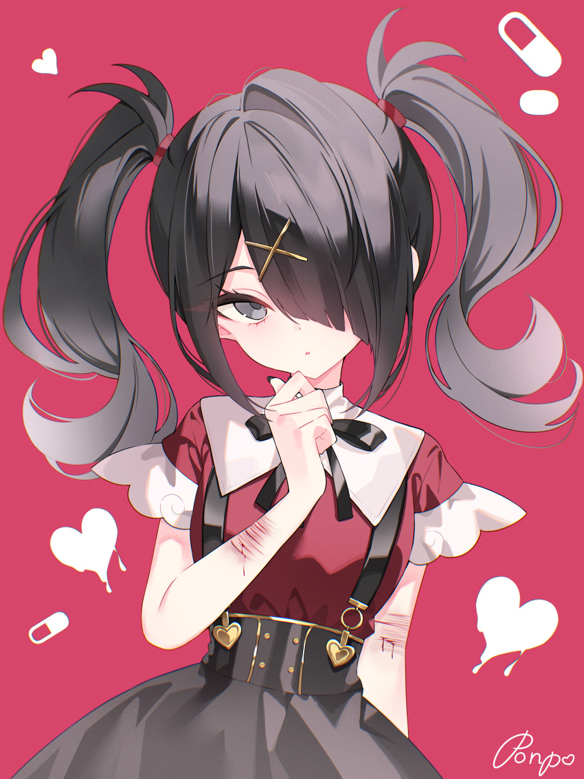 1girl absurdres ame-chan_(needy_girl_overdose) black_eyes black_hair black_ribbon black_skirt bleeding blood daimi_94 hair_ornament hair_over_one_eye high-waist_skirt highres long_hair neck_ribbon needy_girl_overdose parted_lips red_shirt ribbon scar scar_on_arm self-harm self-harm_scar shirt skirt solo suspender_skirt suspenders twintails x_hair_ornament
