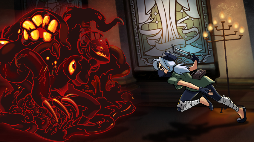 1girl absurdres claws cosplay cross double_(skullgirls) eldritch_abomination extra_eyes extra_mouth eyepatch father_(knd)_cosplay hacksaw hair_over_one_eye hat hatake_kakashi hatake_kakashi_(cosplay) highres mask monster mouth_mask nurse nurse_cap robynahaley saw skullgirls surgical_mask syringe tentacles valentine_(skullgirls) wimple