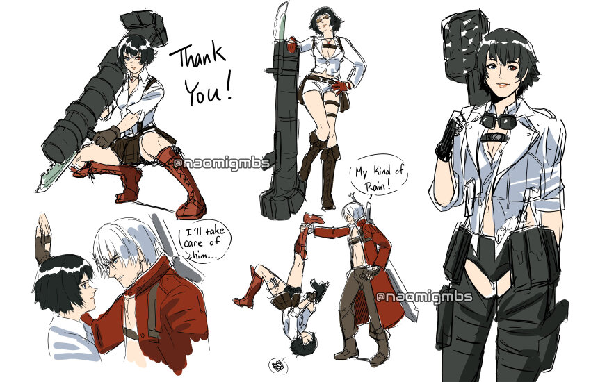 1boy 1girl artist_name black_hair boots coat dante_(devil_may_cry) devil_may_cry devil_may_cry_(series) devil_may_cry_3 devil_may_cry_4 devil_may_cry_5 fingerless_gloves gloves goggles goggles_around_neck green_eyes heterochromia highres holding holding_rocket_launcher holding_weapon jacket kalina_ann_(weapon) lady_(devil_may_cry) midriff multiple_views naomi_gumbs_(hanamimi) no_shirt rebellion_(sword) red_coat red_eyes red_gloves rocket_launcher shirt short_hair sketch speech_bubble sword sword_on_back weapon weapon_on_back white_hair white_jacket white_shirt