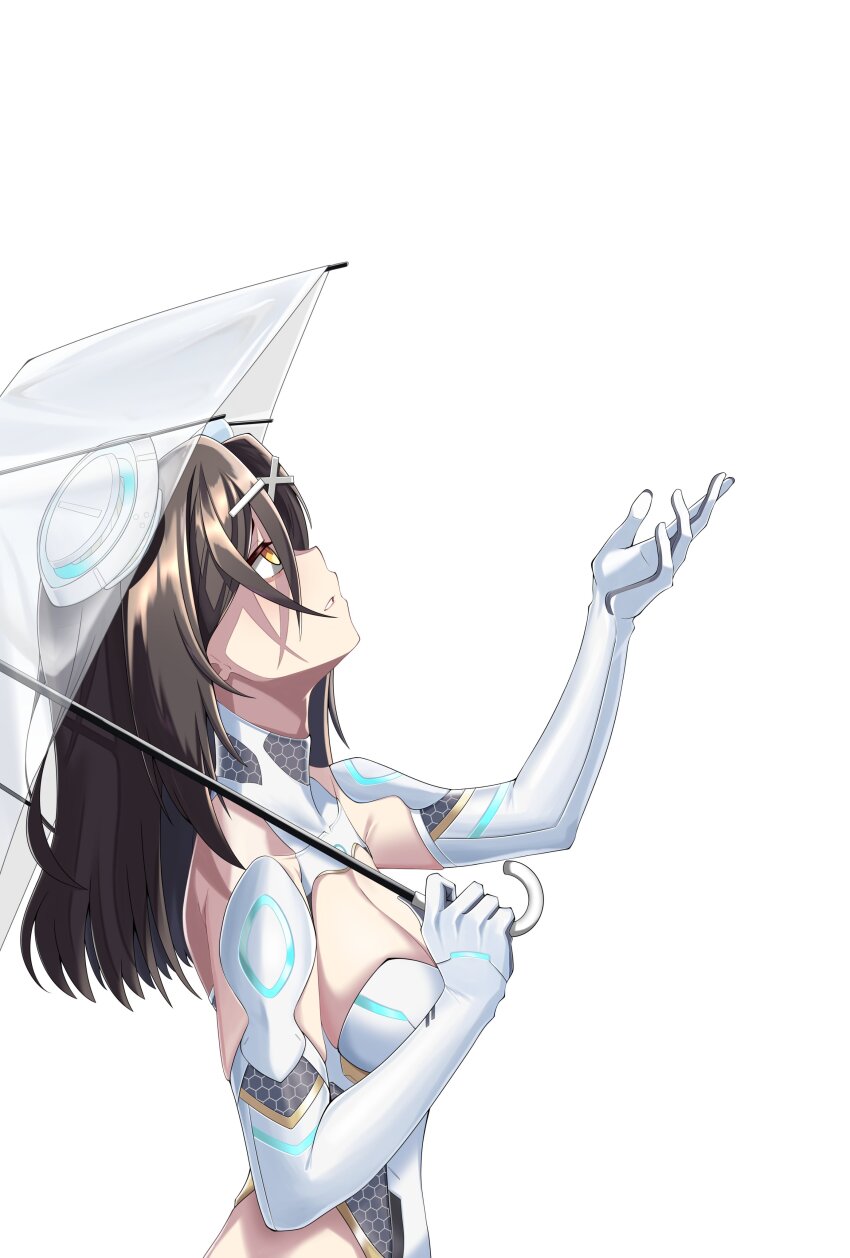 1girl absurdres breasts christina_brecht cleavage cleavage_cutout clothing_cutout collarbone commentary commission cosplay counter:side elbow_gloves english_commentary from_side gloves hair_ornament hairclip hand_up headgear highres holding holding_umbrella honeycomb_(pattern) horizon_(counter:side) horizon_(counter:side)_(cosplay) long_hair looking_afar looking_up orange_eyes parted_lips sideways_mouth simple_background solo transparent transparent_umbrella umbrella upper_body wbs white_background white_gloves x_hair_ornament