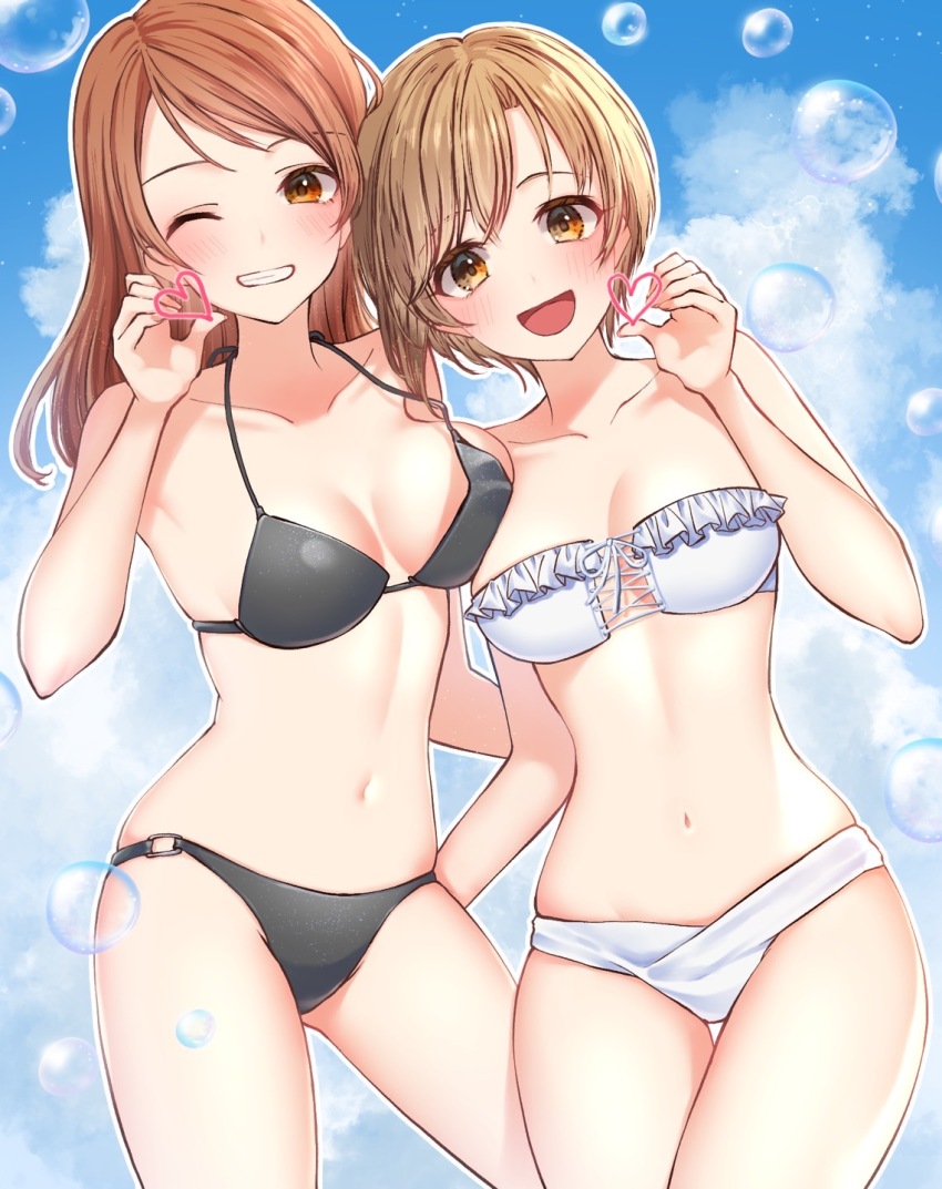 2girls ;d aiba_yumi ayn_(ayn_kau) bikini black_bikini breasts brown_hair bubble collarbone commentary_request cross-laced_bikini cross-laced_clothes gluteal_fold grin half-heart_hands halterneck heart highres hojo_karen idolmaster idolmaster_cinderella_girls linea_alba long_hair looking_at_viewer medium_breasts multiple_girls navel one_eye_closed open_mouth orange_hair outdoors outline short_hair smile stomach swimsuit thigh_gap white_bikini white_outline
