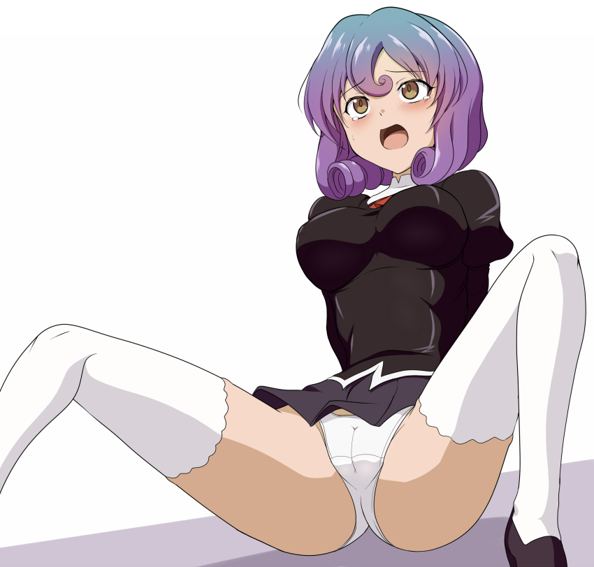 1girl agent_aika aika_(series) ascot black_delmo black_delmo_leader black_jacket black_skirt bob_cut breasts brown_eyes cameltoe clam_curry commentary_request crotch_seam delmo delmogeny_uniform highres jacket juliet_sleeves long_sleeves medium_breasts panties pleated_skirt puffy_sleeves purple_hair red_ascot short_hair sitting skirt solo spread_legs thighhighs underwear white_panties