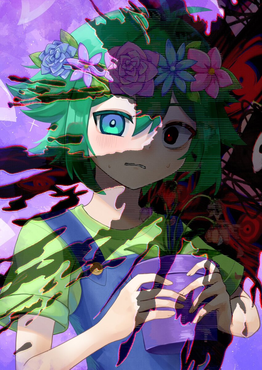 1boy antenna_hair basil_(headspace)_(omori) basil_(omori) blue_overalls flower flower_pot green_eyes green_hair green_shirt head_wreath highres holding holding_flower_pot male_focus omori overalls parted_lips plant potted_plant purple_background revealing_layer scared shirt short_hair short_sleeves sirokuronodoame solo something_(omori) t-shirt upper_body wilted_flower