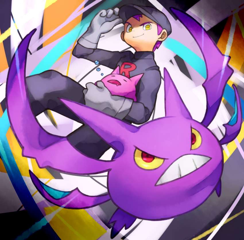 1boy adjusting_clothes adjusting_headwear black_hat black_pants black_shirt closed_mouth commentary_request crobat gen_2_pokemon gloves grey_gloves hat highres male_focus nintendo pants pokemon pokemon_(creature) pokemon_hgss purple_hair shirt smile squeans team_rocket team_rocket_grunt yanedx yellow_eyes