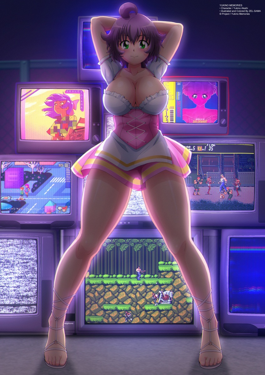 1girl absurdres ahoge arms_behind_head arms_up axel_stone bishoujo_senshi_sailor_moon blush breasts cleavage collarbone contra gin_(popslinger) green_eyes highres konami lance_bean large_breasts looking_at_viewer nintendo pink_skirt popslinger purple_hair ria_carbon sandals sega shirt short_hair short_sleeves skirt skule_toyama smile standing streets_of_rage television tsukino_usagi white_sandals white_shirt yukino_akaihi yukino_memories zel-sama