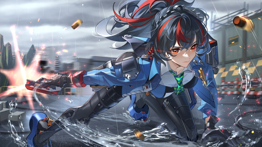 1girl absurdres black_gloves black_hair black_pants blue_jacket breasts checkered_necktie city closed_mouth commentary eye_trail gloves gun hairband highres holding holding_gun holding_weapon holster jacket kongzao large_breasts light_trail looking_ahead metal_hairband motion_blur multicolored_hair necktie outdoors pants police police_badge police_uniform policewoman ponytail rain red_eyes red_hair shell_casing shirt shoulder_holster solo streaked_hair thunder tight_clothes tight_pants weapon white_shirt zenless_zone_zero zhu_yuan