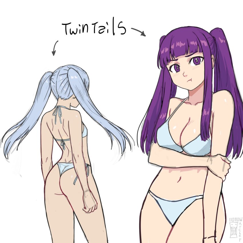 2girls :t absurdres arm_under_breasts artist_name ass bare_arms bare_shoulders bikini breasts cleavage commentary cowboy_shot english_commentary english_text fern frieren highres large_breasts long_hair looking_at_viewer multiple_girls navel pout purple_eyes purple_hair sidelocks simple_background sousou_no_frieren swimsuit twintails watcher_hollow white_background white_bikini white_hair