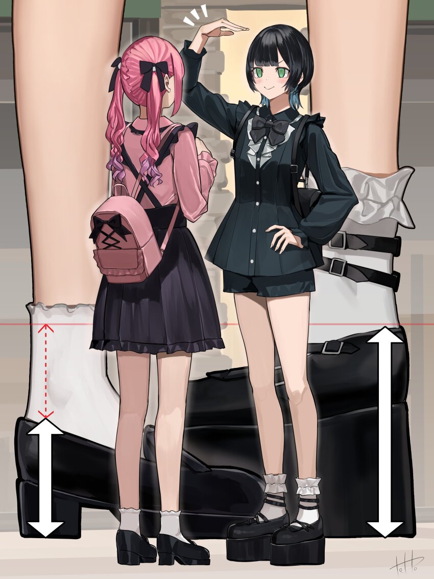 2girls :&gt; absurdres arm_up backpack bag black_footwear black_hair black_ribbon black_shirt black_shorts black_skirt blue_hair blunt_bangs blush colored_inner_hair dot_nose fingernails frilled_skirt frilled_socks frills green_eyes hair_ribbon height_conscious highres jirai_kei long_hair multicolored_hair multiple_girls original pink_bag pink_hair pink_shirt purple_hair ribbon shirt short_hair short_shorts shorts sidelocks skirt socks suspender_skirt suspenders tetto_(onnoveltet) twintails two-tone_hair white_socks