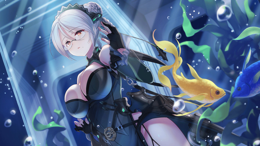 1girl air_bubble aquarium bare_shoulders black_gloves blowing_bubbles braid breasts bubble cleavage clothing_cutout deep_one_kyomu_to_mugen_no_fragment diving dress fingerless_gloves fish glasses gloves hair_bun horyi_(deep_one) large_breasts looking_at_viewer non-web_source partially_underwater_shot rain seaweed semi-rimless_eyewear short_hair under-rim_eyewear underwater water_drop weapon