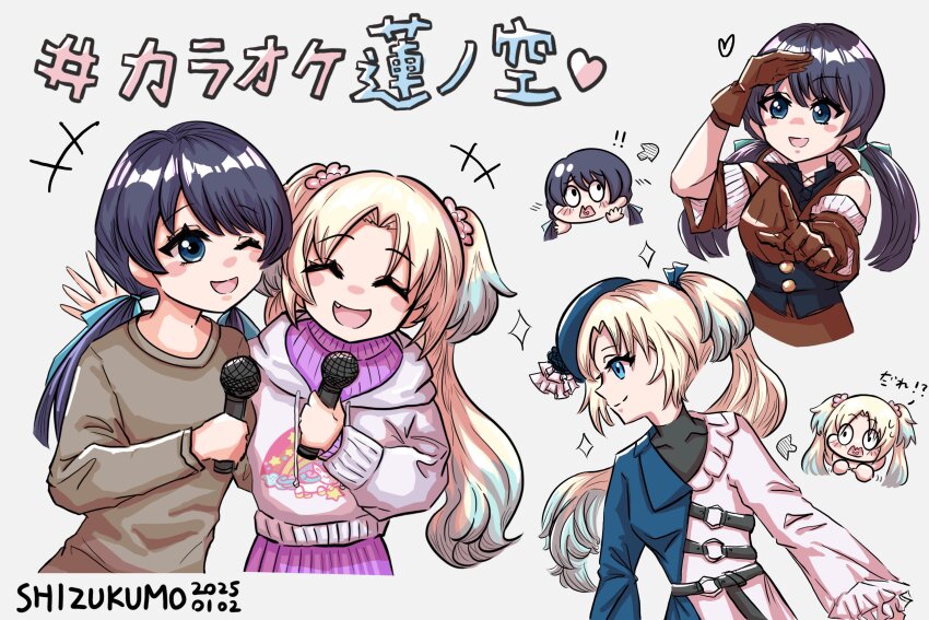 ! !! 2girls :d ^_^ absurdres arrow_(symbol) artist_name beret black_tunic blue_coat blue_eyes blue_hair blue_hat blue_ribbon blush_stickers brown_gloves brown_jacket closed_eyes closed_mouth coat cosplay cropped_hoodie dark_blue_hair dated dress frilled_dress frilled_hat frills gloves grey_background grey_sweater hair_ribbon half-coat hand_on_another&#039;s_back hashtag hat heart heart_in_mouth highres holding holding_microphone hood hoodie jacket karaoke kokon_tozai_(love_live!) ladybug_(love_live!) link!_like!_love_live! long_hair long_sleeves love_live! low_twintails microphone mole mole_on_neck multiple_girls multiple_views murano_sayaka murano_sayaka_(cosplay) murano_sayaka_(winter_casual) official_alternate_costume open_mouth osawa_rurino osawa_rurino_(cosplay) osawa_rurino_(winter_casual) profile purple_sweater ribbon shizukumo sideways_mouth simple_background smile split_mouth sweater sweater_dress tilted_headwear tunic twintails virtual_youtuber wavy_mouth white_dress white_hoodie wide-eyed