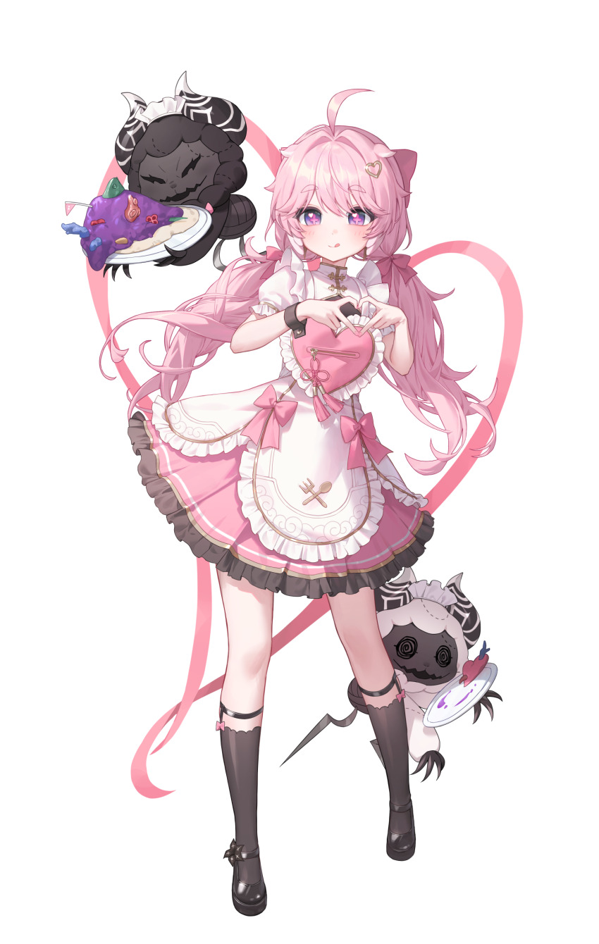 1girl :q absurdres ahoge alternate_costume apron black_shoes black_socks closed_mouth cloudy_(wuthering_waves) commentary_request cosmos_(wuthering_waves) dress encore_(wuthering_waves) enmaided four-finger_heart_hands hair_ornament heart heart_hair_ornament heart_hands highres kneehighs korean_commentary light_blush long_hair looking_at_viewer low_twintails maid pink_dress pink_hair purple_eyes purple_pupils revision shoes simple_background smile socks solo tongue tongue_out twintails white_apron white_background wuthering_waves zua_(2vziu)