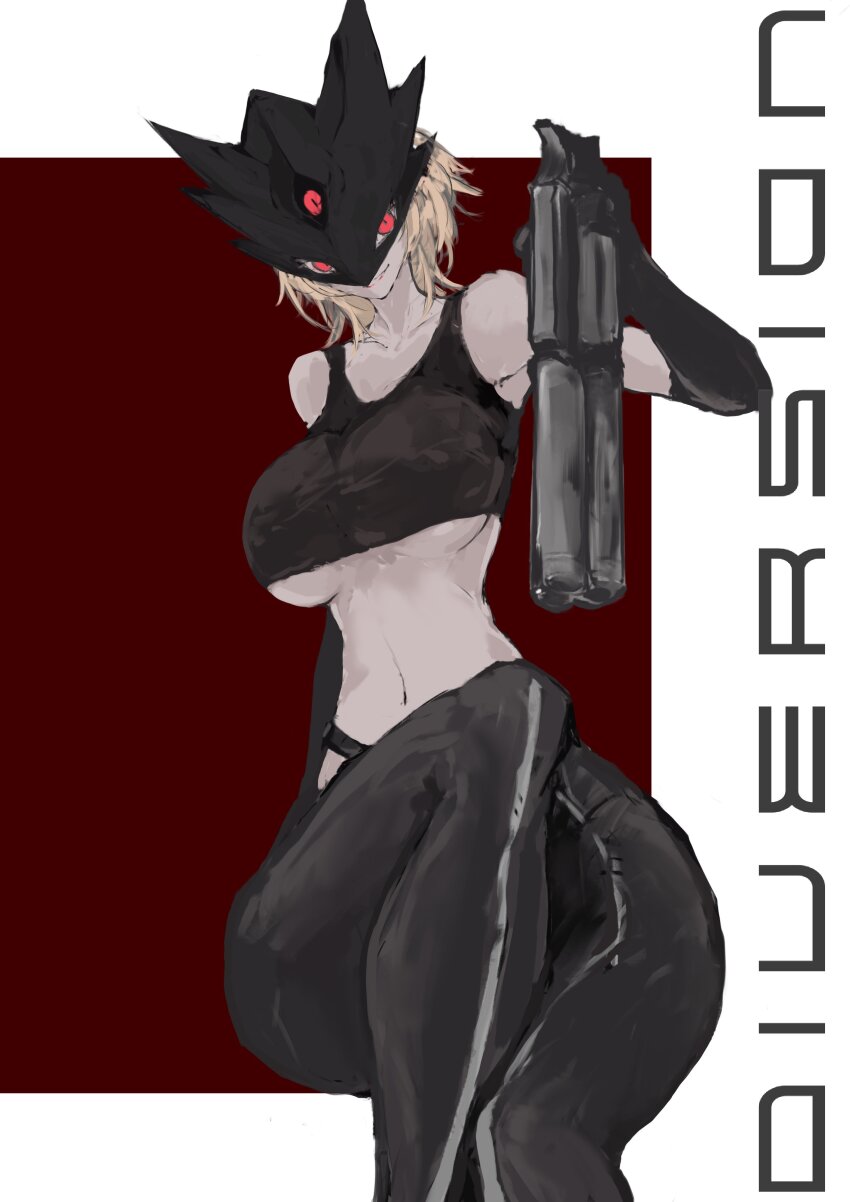 1girl absurdres alternate_hairstyle bare_shoulders beelstarmon black_bra black_pants blonde_hair bra breasts brown_background digimon digimon_(creature) gun highres holding holding_gun holding_weapon invisible_chair large_breasts name_e04 navel pants red_eyes short_hair simple_background sitting solo third_eye underboob underwear weapon white_background