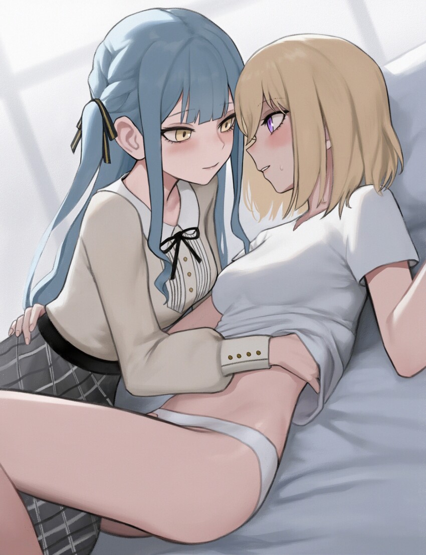 2girls absurdres arm_around_waist bang_dream! bang_dream!_it&#039;s_mygo!!!!! bed black_ribbon blonde_hair blue_hair blunt_bangs blush braid breasts buttons clothes_lift commentary cowboy_shot dutch_angle eye_contact face-to-face fingernails gradient_background grey_background grey_skirt hair_between_eyes hair_ribbon hand_on_another&#039;s_back hand_under_clothes hand_under_shirt hand_up high-waist_skirt highres indoors knee_up leg_between_thighs lifting_another&#039;s_clothes long_hair long_sleeves looking_at_another lying medium_breasts medium_hair misumi_uika multiple_girls neck_ribbon no_pants on_back on_bed panties parted_lips pillow profile purple_eyes ribbon shirt shirt_lift shirt_tucked_in short_sleeves side_braid sidelocks skirt smile sweatdrop togawa_sakiko underwear white_panties white_shirt withergodwings yellow_eyes yuri