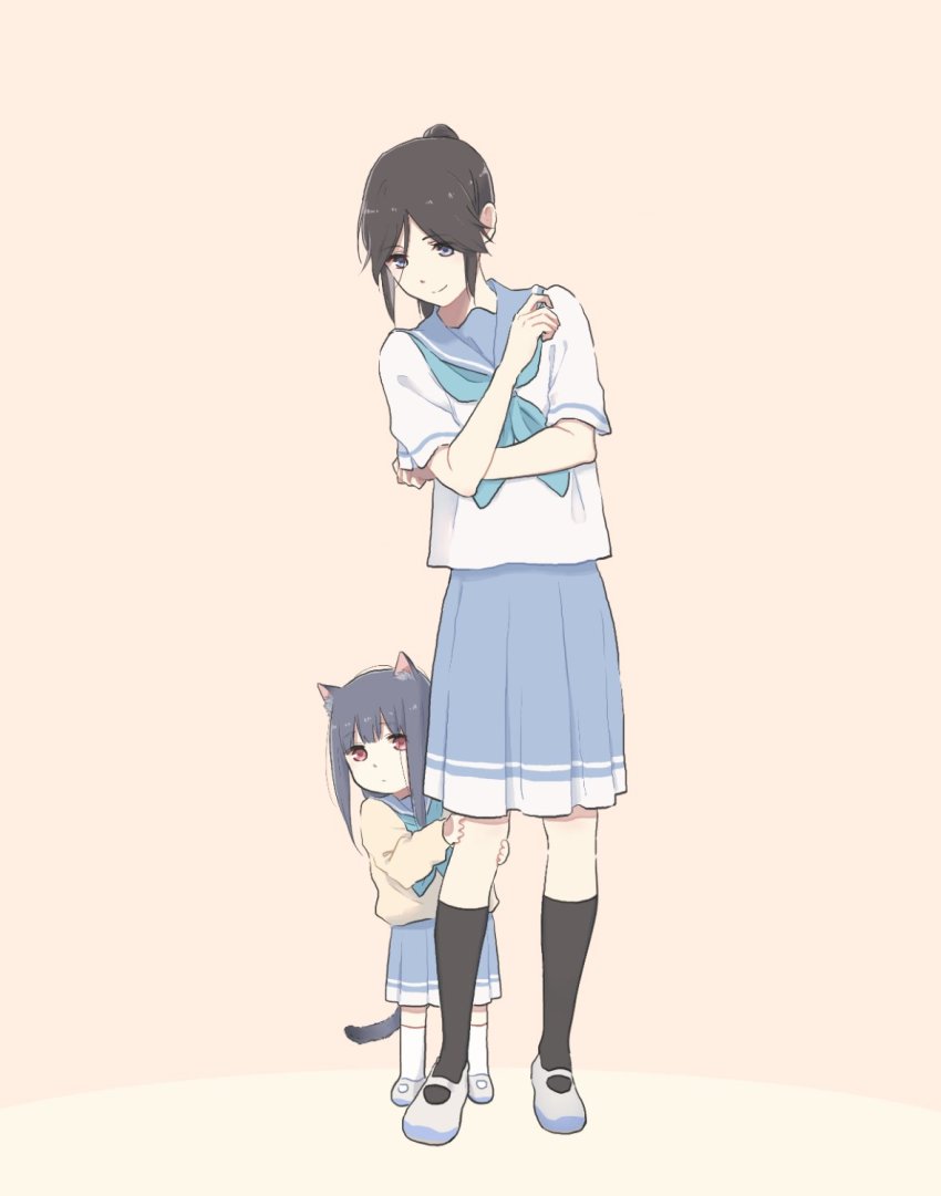 2girls animal_ears behind_another black_hair black_legwear blue_eyes blue_hair blue_sailor_collar blue_skirt cat_ears cat_tail full_body hibike!_euphonium highres hugging_another&#039;s_leg kasaki_nozomi kitauji_high_school_uniform liz_to_aoi_tori long_hair long_sleeves lyy multiple_girls ponytail red_eyes sailor_collar school_uniform serafuku shirt shoes short_sleeves skirt socks sweater tail uwabaki white_legwear white_shirt yoroizuka_mizore