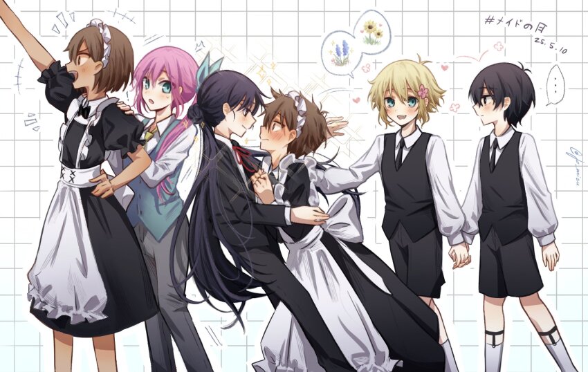! ... 2girls 4boys alternate_costume alternate_hairstyle antenna_hair aubrey_(faraway)_(omori) aubrey_(omori) basil_(faraway)_(omori) basil_(omori) black_bow black_bowtie black_eyes black_hair black_necktie black_pants black_shorts blonde_hair blue_eyes blue_ribbon bow bowtie bright_pupils brown_eyes brown_hair butler closed_mouth collared_shirt enmaided female_butler grey_pants hair_ribbon hand_on_own_hip hero_(faraway)_(omori) hero_(omori) highres je_mizu kel_(faraway)_(omori) kel_(omori) long_sleeves looking_at_another looking_at_viewer maid maid_headdress mari_(faraway)_(omori) mari_(omori) multiple_boys multiple_girls necktie omori open_mouth pants pink_hair puffy_short_sleeves puffy_sleeves ribbon shirt short_sleeves shorts smile socks speech_bubble spoken_ellipsis sunny_(omori) teeth upper_teeth_only white_pupils white_shirt white_socks yellow_necktie