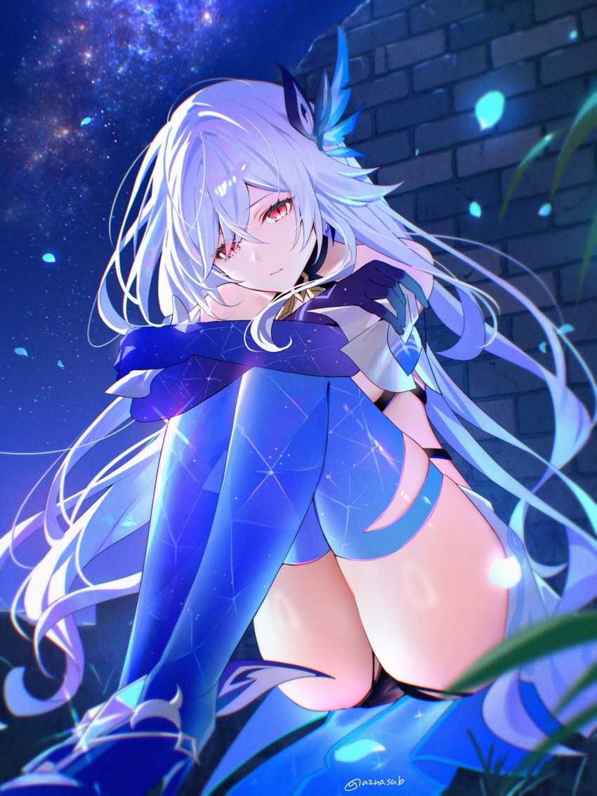 1girl absurdres azna bare_shoulders closed_mouth commentary_request crossed_arms genshin_impact hair_between_eyes hair_ornament highres long_hair looking_at_viewer night night_sky outdoors prosthesis red_eyes sitting skirk_(genshin_impact) sky solo star_(sky) starry_sky thighs twitter_username very_long_hair white_hair