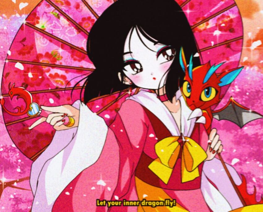 1990s_(style) 1girl :o adapted_costume animification bad_id bad_twitter_id bishoujo_senshi_sailor_moon black_hair blue_eyeliner blunt_ends bob_cut bow bowtie brown_eyes cherry_blossoms chinese_clothes choker cloud collarbone commentary cowboy_shot diamond_brooch diamond_earrings dot_nose dragon dragon_on_shoulder earrings english_commentary english_text expressionless eyeliner eyeshadow fa_mulan_(disney) face_powder faux_retro_artstyle film_grain floral_print hanfu head_tilt holding holding_umbrella holding_wand honeymoonpetal jewelry light_blush light_particles lipstick long_sleeves looking_at_viewer magical_girl makeup mulan_(movie) mushu_(disney) nail_polish oil-paper_umbrella orange_sky outdoors parody parted_bangs parted_lips petals pink_brooch pink_choker pink_eyeshadow pink_hanfu pink_umbrella red_lips red_nails retro_artstyle sailor_collar short_hair sky small_dragon solo sparkle spring_(season) style_parody sunset tree tsurime umbrella umbrella_over_shoulder wand white_sailor_collar wide_sleeves yellow_bow yellow_bowtie
