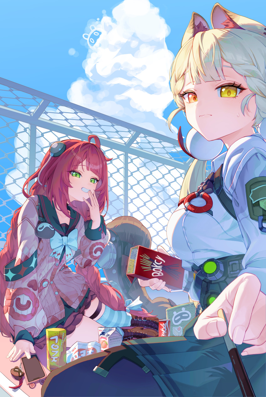 2girls absurdres alice_thymefield animal animal_ears backpack bag bag_charm belt black_pantyhose black_sailor_collar blue_sky boots braid braided_twintails brown_boots can cardigan cellphone cellphone_charm charm_(object) chest_bow closed_mouth cloud covering_own_mouth cumulonimbus_cloud drink drink_can fence food green_eyes green_skirt grin hair_ornament hearing_aid heterochromia highres incoming_gift kamanosuke_(zenless_zone_zero) leegh19769 long_hair looking_at_viewer multiple_girls outdoors pantyhose phone pink_cardigan pocky pov rabbit_ears rabbit_girl raccoon red_eyes red_hair sailor_collar school_uniform shirt sitting skirt sky smartphone smile soda_can sphere_hair_ornament striped_clothes striped_thighhighs tanuki thigh_strap thighhighs twintails ukinami_yuzuha white_shirt yellow_eyes zenless_zone_zero