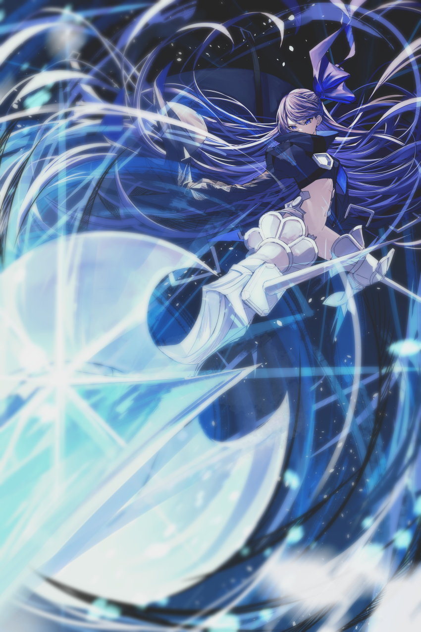 1girl absurdres black_coat blue_eyes blue_ribbon coat fate/extra fate/extra_ccc fate_(series) flying_kick foreshortening high_collar highres kicking knee_spikes long_hair meltryllis_(fate) navel purple_hair ribbon sleeves_past_fingers sleeves_past_wrists very_long_hair yagi_(yagi5art)