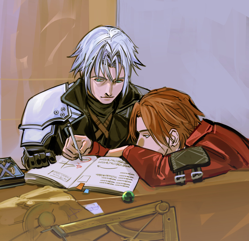 2boys armor blue_eyes book brown_hair coat crisis_core_final_fantasy_vii desk final_fantasy final_fantasy_vii genesis_rhapsodos gloves grey_hair highres male_focus materia multiple_boys newb_ff7r notebook open_book pauldrons red_coat sephiroth short_hair shoulder_armor writing