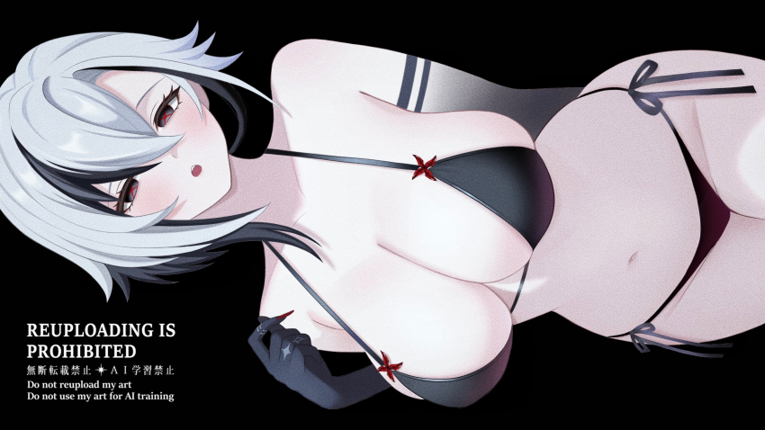 1girl absurdres alternate_costume arlecchino_(genshin_impact) bikini black_bikini black_eyes black_hair blush breasts cowboy_shot fuminshou_(nekopan_art) genshin_impact hand_up highres large_breasts multicolored_hair navel open_mouth side-tie_bikini_bottom sideways solo stomach swimsuit symbol-shaped_pupils two-tone_hair white_hair x-shaped_pupils