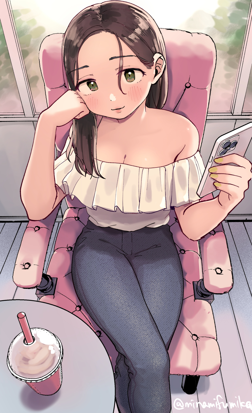 1girl absurdres bare_shoulders blush breasts brown_hair cellphone chair cleavage closed_mouth denim green_eyes highres holding holding_phone jeans looking_at_viewer miyama_(kannsannn) original pants phone signature sitting smartphone solo window yellow_nails