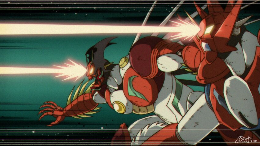 arm_blade armor biomechanical cape chest_jewel claws core energy_beam forehead_beam from_side getter_arc getter_beam getter_robo getter_robo_arc getter_robo_d2 glowing glowing_eyes hands_up head_spikes head_wings highres laser mecha mecha_focus miroku_(miroku_t) multicolored_armor no_humans open_mouth outstretched_arms profile red_armor red_cape robot sharp_teeth spread_arms super_robot teeth upper_body weapon white_armor wings yellow_eyes yellow_gemstone