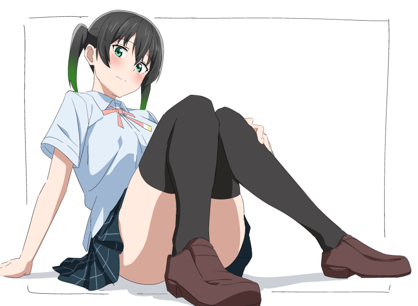 1girl black_thighhighs blush breasts convenient_leg green_eyes hand_on_own_leg hatenoga highres light_smile looking_at_viewer love_live! love_live!_nijigasaki_high_school_idol_club medium_breasts medium_hair multicolored_hair nijigasaki_school_uniform school_uniform sitting takasaki_yu thighhighs thighs twintails zettai_ryouiki